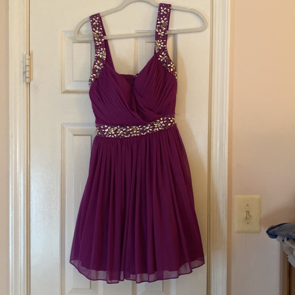 Purple party cocktail dress with same color lining and toulle at bottom